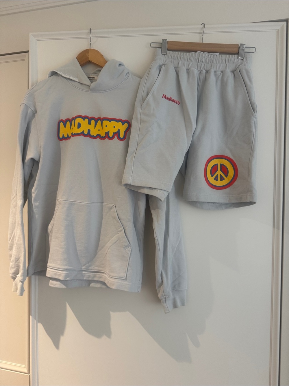 Madhappy Kids Light Blue Hoodie & Shorts Set with Yellow-Red Logo